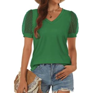 imageATHMILE Womens Summer Tops V Neck T Shirts Swiss Dot Puff Sleeve Tops Loose Casual TshirtsGreen