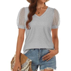 imageATHMILE Womens Summer Tops V Neck T Shirts Swiss Dot Puff Sleeve Tops Loose Casual TshirtsGrey