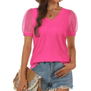 imageATHMILE Womens Summer Tops V Neck T Shirts Swiss Dot Puff Sleeve Tops Loose Casual TshirtsHot Pink