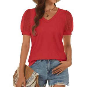 imageATHMILE Womens Summer Tops V Neck T Shirts Swiss Dot Puff Sleeve Tops Loose Casual TshirtsRed