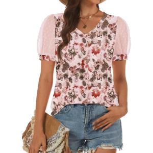 imageATHMILE Womens Summer Tops V Neck T Shirts Swiss Dot Puff Sleeve Tops Loose Casual TshirtsThe Butterfly