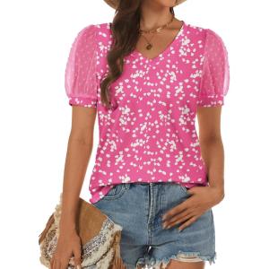 imageATHMILE Womens Summer Tops V Neck T Shirts Swiss Dot Puff Sleeve Tops Loose Casual TshirtsThe Pink Dots