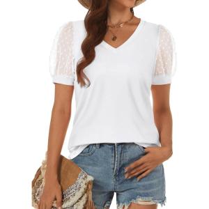 imageATHMILE Womens Summer Tops V Neck T Shirts Swiss Dot Puff Sleeve Tops Loose Casual TshirtsWhite