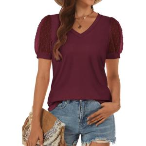 imageATHMILE Womens Summer Tops V Neck T Shirts Swiss Dot Puff Sleeve Tops Loose Casual TshirtsWine Red