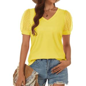 imageATHMILE Womens Summer Tops V Neck T Shirts Swiss Dot Puff Sleeve Tops Loose Casual TshirtsYellow