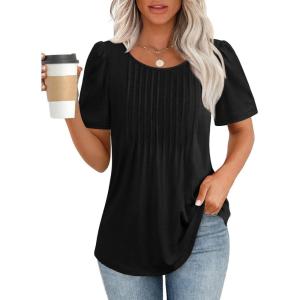 imageATHMILE Womens T Shirts Short Sleeve Summer Tops Pleated Dressy Casual Blouses Spring Clothes Beach Vacation 2025Black