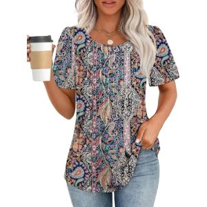 imageATHMILE Womens T Shirts Short Sleeve Summer Tops Pleated Dressy Casual Blouses Spring Clothes Beach Vacation 2025Bohemian Color