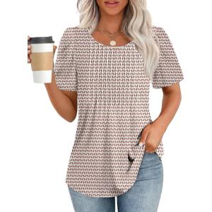 imageATHMILE Womens T Shirts Short Sleeve Summer Tops Pleated Dressy Casual Blouses Spring Clothes Beach Vacation 2025Brown Stripes