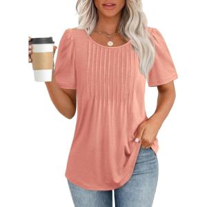 imageATHMILE Womens T Shirts Short Sleeve Summer Tops Pleated Dressy Casual Blouses Spring Clothes Beach Vacation 2025Coral