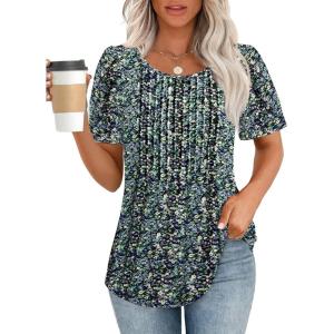 imageATHMILE Womens T Shirts Short Sleeve Summer Tops Pleated Dressy Casual Blouses Spring Clothes Beach Vacation 2025Floralblue