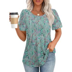 imageATHMILE Womens T Shirts Short Sleeve Summer Tops Pleated Dressy Casual Blouses Spring Clothes Beach Vacation 2025Green Floral