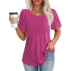 imageATHMILE Womens T Shirts Short Sleeve Summer Tops Pleated Dressy Casual Blouses Spring Clothes Beach Vacation 2025Hot Pink