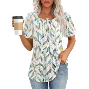 imageATHMILE Womens T Shirts Short Sleeve Summer Tops Pleated Dressy Casual Blouses Spring Clothes Beach Vacation 2025Multileaf