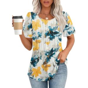imageATHMILE Womens T Shirts Short Sleeve Summer Tops Pleated Dressy Casual Blouses Spring Clothes Beach Vacation 2025Multiteal