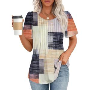 imageATHMILE Womens T Shirts Short Sleeve Summer Tops Pleated Dressy Casual Blouses Spring Clothes Beach Vacation 2025Orange and Blue Plaid