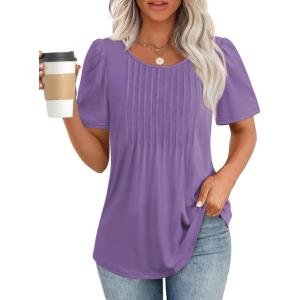 imageATHMILE Womens T Shirts Short Sleeve Summer Tops Pleated Dressy Casual Blouses Spring Clothes Beach Vacation 2025Purple