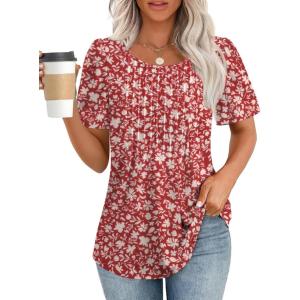 imageATHMILE Womens T Shirts Short Sleeve Summer Tops Pleated Dressy Casual Blouses Spring Clothes Beach Vacation 2025Red Apricot Floral