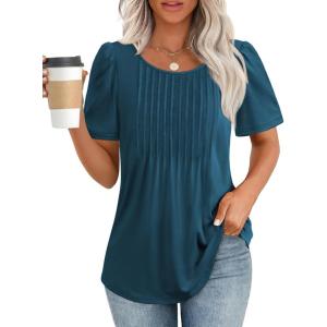 imageATHMILE Womens T Shirts Short Sleeve Summer Tops Pleated Dressy Casual Blouses Spring Clothes Beach Vacation 2025Teal