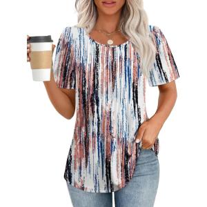 imageATHMILE Womens T Shirts Short Sleeve Summer Tops Pleated Dressy Casual Blouses Spring Clothes Beach Vacation 2025Tiedye Brown