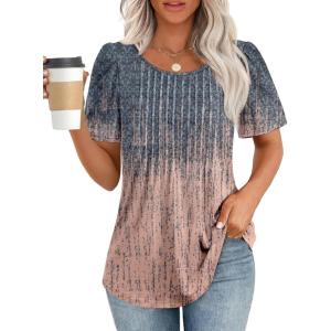 imageATHMILE Womens T Shirts Short Sleeve Summer Tops Pleated Dressy Casual Blouses Spring Clothes Beach Vacation 2025Tiedye Coral