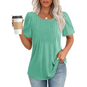 imageATHMILE Womens T Shirts Short Sleeve Summer Tops Pleated Dressy Casual Blouses Spring Clothes Beach Vacation 2025Turquoise