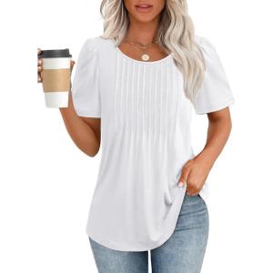 imageATHMILE Womens T Shirts Short Sleeve Summer Tops Pleated Dressy Casual Blouses Spring Clothes Beach Vacation 2025White