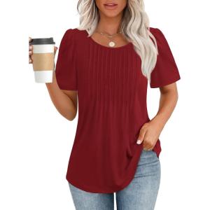 imageATHMILE Womens T Shirts Short Sleeve Summer Tops Pleated Dressy Casual Blouses Spring Clothes Beach Vacation 2025Wine Red