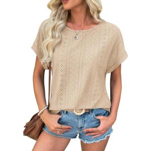 imageATHMILE Womens Tunics Loose Fit Dressy Blouses Summer Short Sleeve Tops with Curved Hem Beach Vacation Clothes for WomenBeige