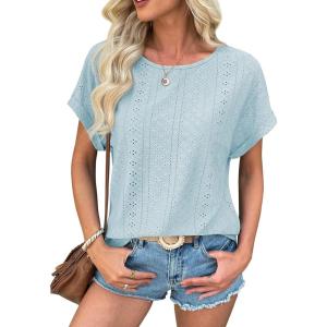 imageATHMILE Womens Tunics Loose Fit Dressy Blouses Summer Short Sleeve Tops with Curved Hem Beach Vacation Clothes for WomenBlue