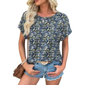 imageATHMILE Womens Tunics Loose Fit Dressy Blouses Summer Short Sleeve Tops with Curved Hem Beach Vacation Clothes for WomenBlue Floral