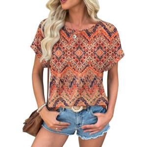 imageATHMILE Womens Tunics Loose Fit Dressy Blouses Summer Short Sleeve Tops with Curved Hem Beach Vacation Clothes for WomenBoho