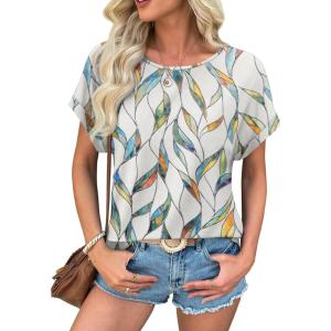 imageATHMILE Womens Tunics Loose Fit Dressy Blouses Summer Short Sleeve Tops with Curved Hem Beach Vacation Clothes for WomenColorful Leaf
