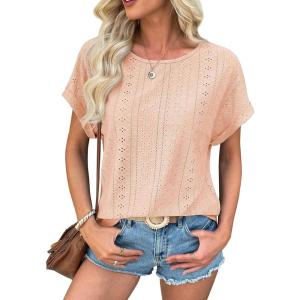 imageATHMILE Womens Tunics Loose Fit Dressy Blouses Summer Short Sleeve Tops with Curved Hem Beach Vacation Clothes for WomenCoral Red