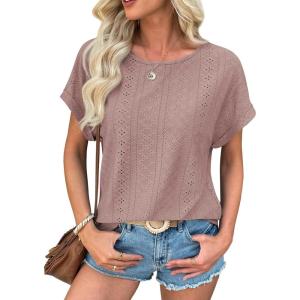 imageATHMILE Womens Tunics Loose Fit Dressy Blouses Summer Short Sleeve Tops with Curved Hem Beach Vacation Clothes for WomenDark Pink