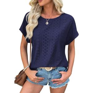 imageATHMILE Womens Tunics Loose Fit Dressy Blouses Summer Short Sleeve Tops with Curved Hem Beach Vacation Clothes for WomenNavy Blue