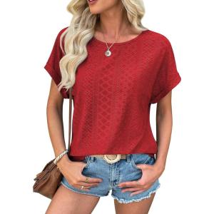 imageATHMILE Womens Tunics Loose Fit Dressy Blouses Summer Short Sleeve Tops with Curved Hem Beach Vacation Clothes for WomenRed