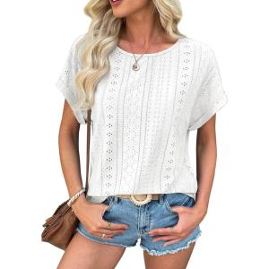 imageATHMILE Womens Tunics Loose Fit Dressy Blouses Summer Short Sleeve Tops with Curved Hem Beach Vacation Clothes for WomenWhite