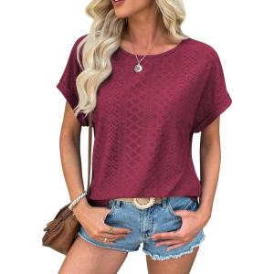 imageATHMILE Womens Tunics Loose Fit Dressy Blouses Summer Short Sleeve Tops with Curved Hem Beach Vacation Clothes for WomenWine Red