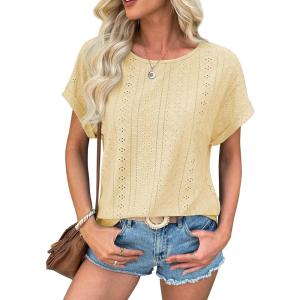 imageATHMILE Womens Tunics Loose Fit Dressy Blouses Summer Short Sleeve Tops with Curved Hem Beach Vacation Clothes for WomenYellow