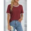 imageATHMILE Womens Short Sleeve Tops Striped Color Block T Shirts Summer Crewneck Loose Casual Tee 2025Wine Red
