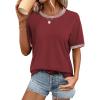 imageATHMILE Womens Short Sleeve Tops Striped Color Block T Shirts Summer Crewneck Loose Casual Tee 2025Wine Red