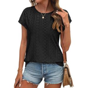 imageATHMILE Tops for Women Trendy Short Sleeve Shirts Dressy Casual Cap Blouses with Curved Hem Summer ClothingBlack