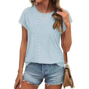 imageATHMILE Tops for Women Trendy Short Sleeve Shirts Dressy Casual Cap Blouses with Curved Hem Summer ClothingBlue