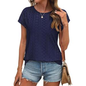 imageATHMILE Tops for Women Trendy Short Sleeve Shirts Dressy Casual Cap Blouses with Curved Hem Summer ClothingNavy Blue