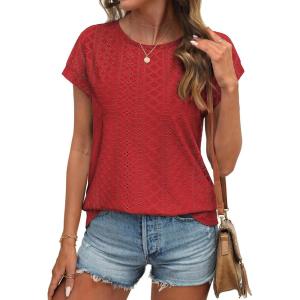 imageATHMILE Tops for Women Trendy Short Sleeve Shirts Dressy Casual Cap Blouses with Curved Hem Summer ClothingRed