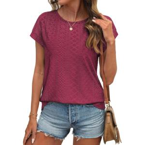 imageATHMILE Tops for Women Trendy Short Sleeve Shirts Dressy Casual Cap Blouses with Curved Hem Summer ClothingWine Red