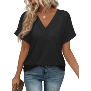 imageATHMILE V Neck T Shirts for Women Summer Tops Soft Casual Short Sleeve Cute Basic Trendy Outfits 2025Black
