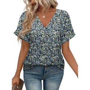 imageATHMILE V Neck T Shirts for Women Summer Tops Soft Casual Short Sleeve Cute Basic Trendy Outfits 2025Floralblue