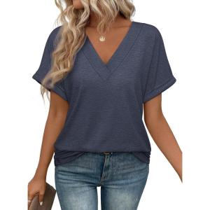 imageATHMILE V Neck T Shirts for Women Summer Tops Soft Casual Short Sleeve Cute Basic Trendy Outfits 2025Navy Blue