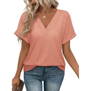 imageATHMILE V Neck T Shirts for Women Summer Tops Soft Casual Short Sleeve Cute Basic Trendy Outfits 2025Pink